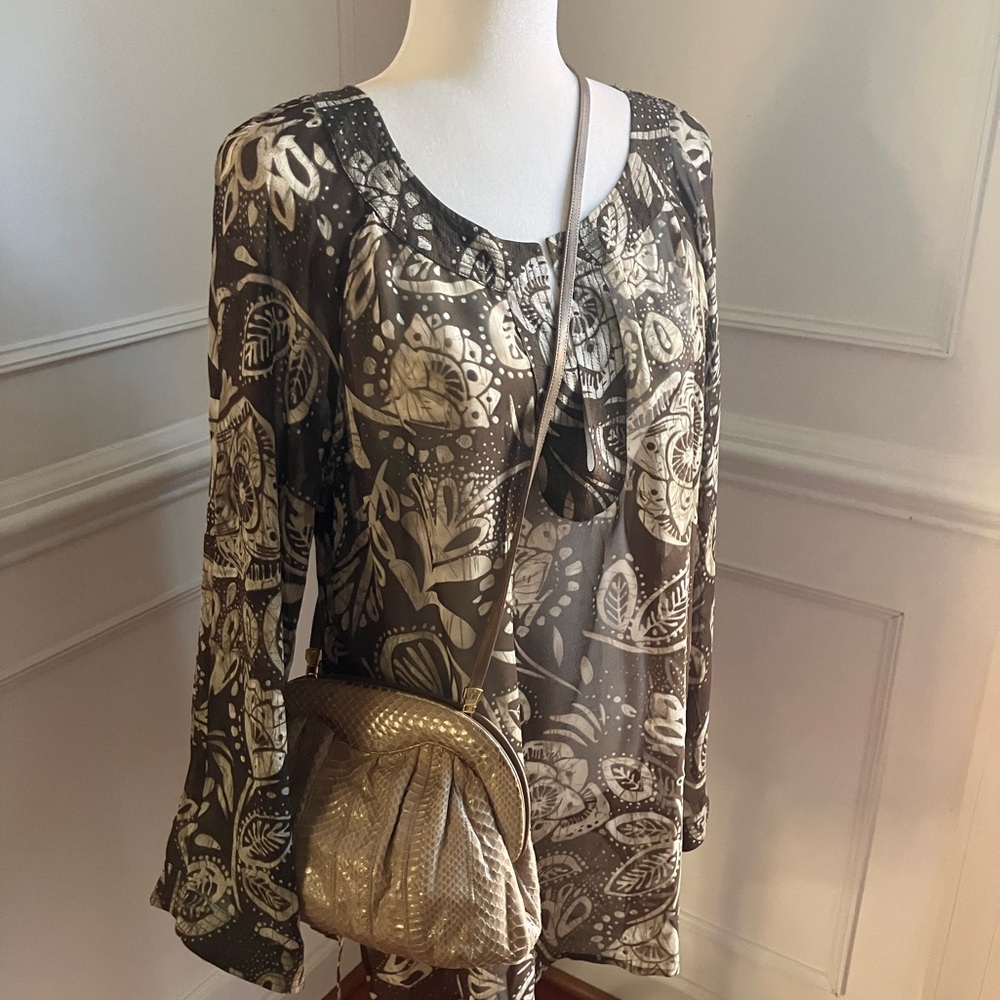 Spiegel 100% Brown Silk Floral Sheer Tunic Blouse | Boho - Coastal Grandma